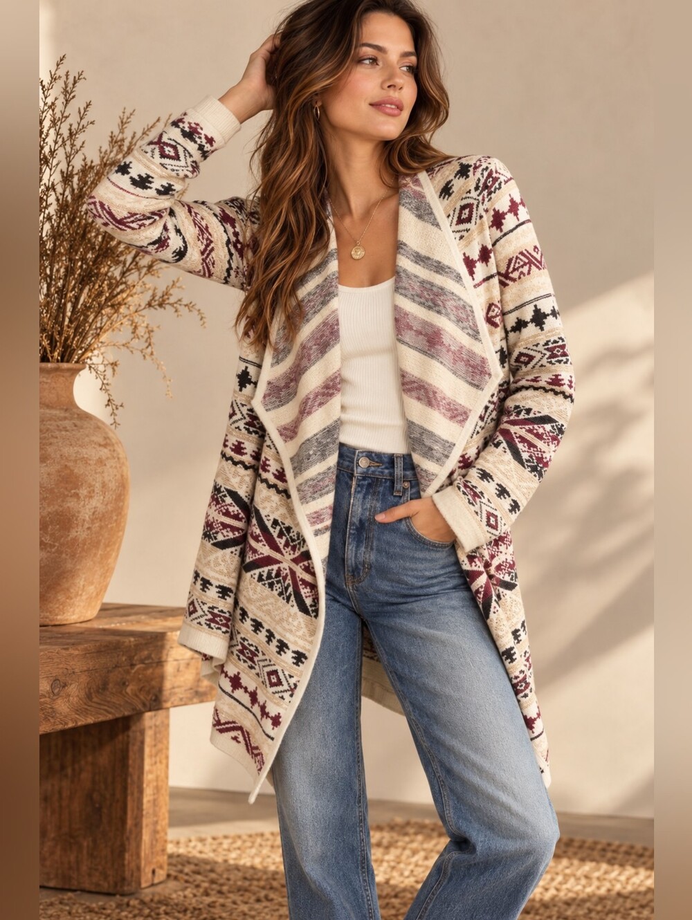 LUCKY BRAND New Aztec Jacquard Open Front Long‎ Sleeve Knit Cardigan Size S